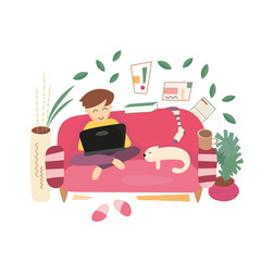 Stay Home Work Home. Home Office Metaphor. Freelancer Boy Work at Home. Stay Safe on Quarantine During the Coronavirus Epidemic. Vector Illustration.