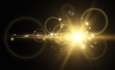 Beautiful golden vector illustration of a star on a translucent background with gold dust and glitters. A magnificent light base for your design