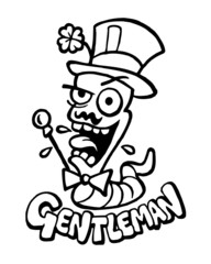 Earthworm gentleman with big hat, mustache, bow tie and walking stick, cheerful mascot with big smile, black and white cartoon