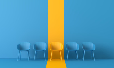 Gele stoel die zich onderscheidt van de menigte. Bedrijfsconcept. 3D-rendering