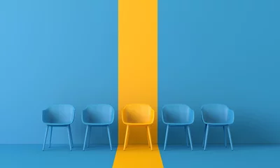 Foto op Plexiglas Wachtkamer Gele stoel die zich onderscheidt van de menigte. Bedrijfsconcept. 3D-rendering