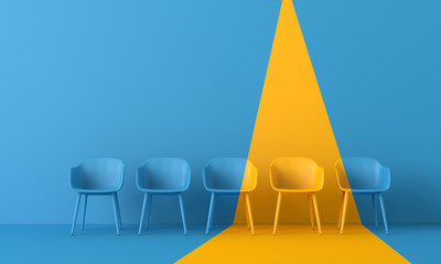 Yellow chair standing out from the crowd. Business concept. 3D rendering