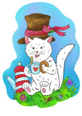 White cheerful cat in a hat drinks tea. Digital illustration. Cute illustration for the decor and design of posters, postcards, prints, stickers, invitations, textiles and stationery.
