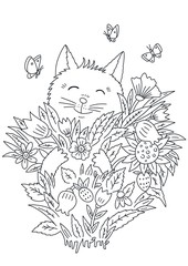 Cat with a bouquet of wildflowers. Coloring. Black and white digital illustration. Cute illustration for the decor and design of posters, postcards, prints, stickers, invitations, textiles.