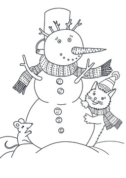 Cat and mouse are sculpting a snowman. Coloring. Black and white digital illustration. Cute illustration for the decor and design of posters, postcards, prints, stickers, invitations, textiles.