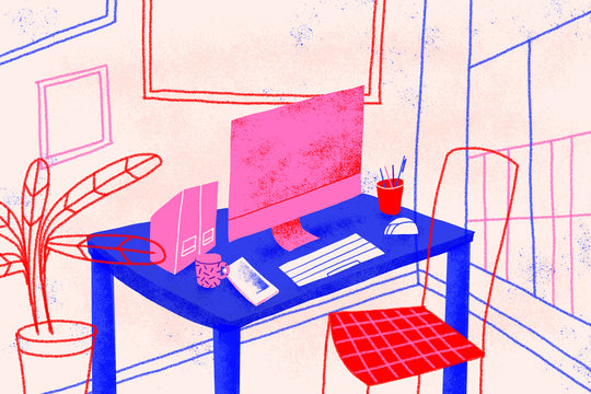 Home office. Workplace. Conceptual illustration shows a house room ready for telecommuting. Working from home concept. Colorful.