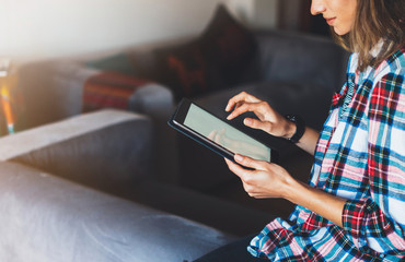 Hipster girl working tablet technology, workplace at home, isolation person holding computer with blank screen,  female hands texting gadget, communication wifi internet