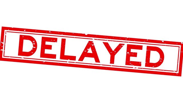 Grunge red delayed word square rubber seal stamp zoom in white background