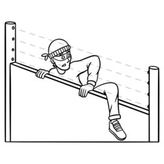 single-colored coloring page of a burglar climbing over a wall and being surprised by the light barrier of the alarm system.  Vector cartoon.