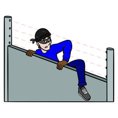 a burglar climbs over a wall and is surprised by the light barrier of the alarm system.  Comic, vector illustration in color.
