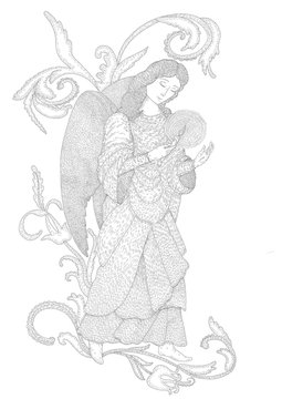 Good angel. Coloring. Black and white digital illustration. Cute illustration for the decor and design of posters, postcards, prints, stickers, invitations, textiles and stationery.