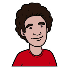 boy with curly brown hair and red t shirt. avatar, comic, laughing, emotion.