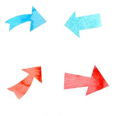 Set. Red and blue arrows isolated on a white background. Watercolor. Illustration for the decor and design of posters, postcards, prints, stickers, invitations, textiles and stationery.
