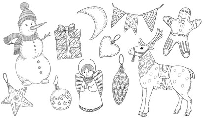 Set. Christmas. Angel, deer, Christmas toys. Coloring. Black and white digital illustration. Cute illustration for the decor and design of posters, postcards, prints, stickers, invitations, textiles.