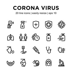 simple set of coronavirus line icons, contains icons such as coronavirus symptoms, prevention, medical tools and others.