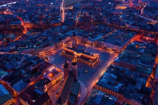 Krakow Downtown Aerial Drone View Main Square At Dusk, Poland Europe