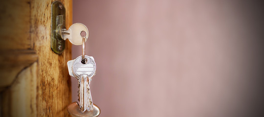 keys on vintage wooden door with space