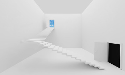 Abstract architectural interior of an empty white room with stairs leading from darkness to the blue sky. 3d rendered image