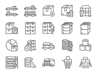 Stockpile line icon set. Included icons as boxes, container, inventory, supplies, stock up, food and more.