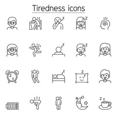 Tiredness, sleepy icons set in thin line style