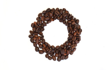 coffee beans with a cup on a white background.