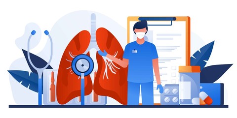 Pulmonology of human lung. For website, banner. Fibrosis, tuberculosis, pneumonia, cancer, virus, lung diagnosis doctors treat, scan lungs. Stethoscope, pharmacy, drugs. Coronavirus, COVID-19.