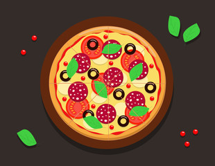 Vector drawing of a whole round pizza with tomatoes, pepperoni sausage, olives cheese and basil. Black background.