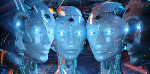 Group of female robots close to each others cyborg army concept 3d rendering
