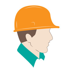 Builder in protective helmet. Male Builder. Flat design.