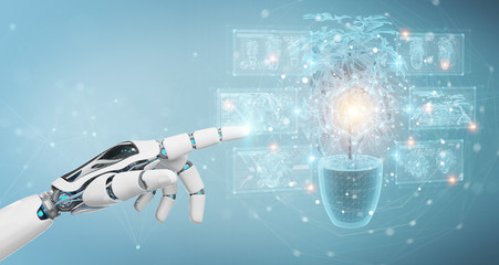 Robot hand holding and touching holographic projection of a plant with digital analysis 3D rendering