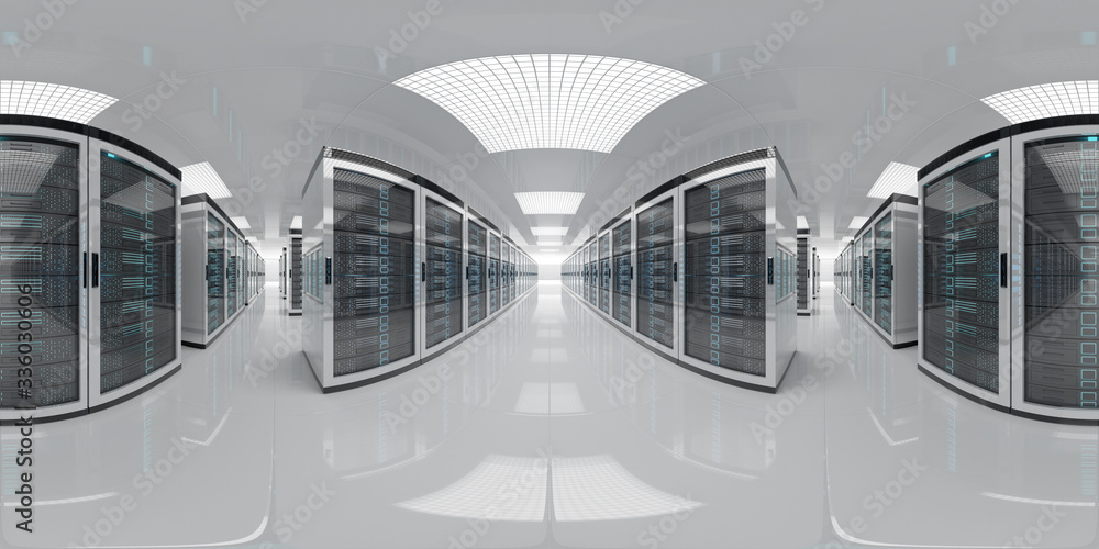 Fototapete High resolution HDRI panoramic view of a server data room center. 360 panorama reflection mapping of a computer storage system interior. 3D rendering