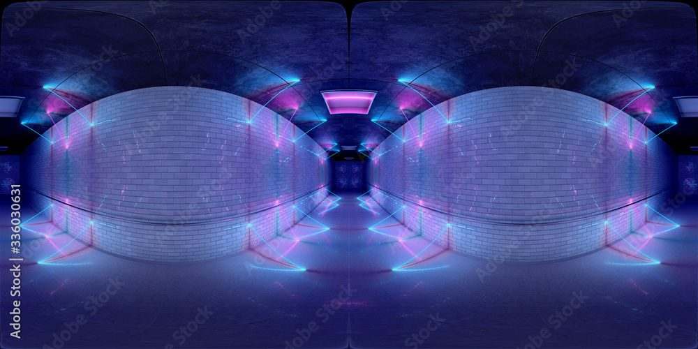 Poster futuristic hdri underground interior with glowing blue and pink neon light tubes reflecting on walls