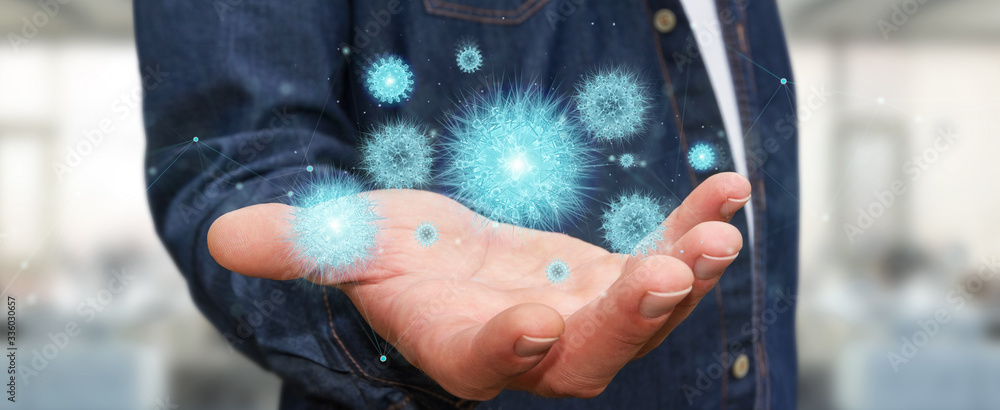 Poster Man analyzing coronavirus with digital holographic projection close-up 3D rendering
