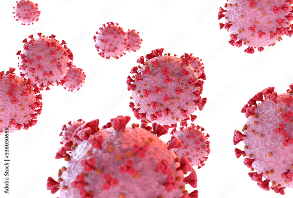 Poster 3d rendering of the coronavirus on a microscopic level. microscope close-up of the covid-19 disease.