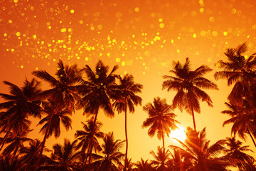Fototapeta na wymiar Coconut palm trees at sunset with magic shiny party lights overlay