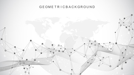 Digits abstract background with connected line and dots, wave flow. Digital neural networks. Network and connection background for your presentation. Graphic polygonal background. Vector illustration.