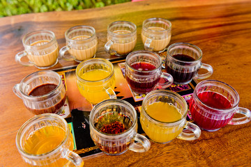 Bali coffee, luwak coffee, fruit and herb tea testing set. Bali, Indonesia.