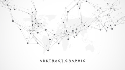 Geometric abstract background with connected line and dots. Network and connection background for your presentation. Graphic polygonal background. Wave flow. Scientific vector illustration.