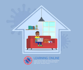 Distance learning online education classes for children during coronavirus. Social distancing, self-isolation and stay at home concept. Character vector design. no3