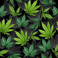 Watercolor cannabis seamless pattern. Hemp hand drawn pattern. Cannabis oil background on black