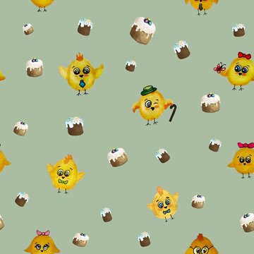 Easter seamless pattern with the image of the chickens and cupcakes