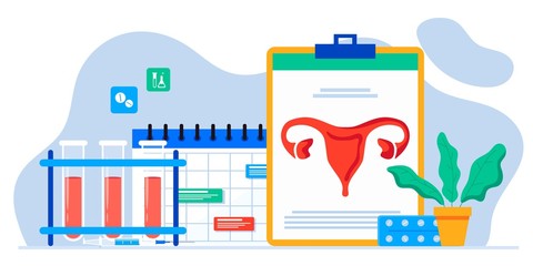 Gynecology, female health. Uterus, ovary and womb. Medical treatment. Endometriosis, endometrium dysfunctionality, endometriosis treatment concept. Uterus examination. For banner, web page, flyer