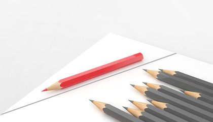 Minimalist template Business Concepts with copy space by top view close up Red pencil with diagonal and Grey Pencil Groups isolated on white paper in  background - 3d rendering
