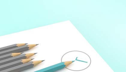 Minimalist template with copy space by top view close up  Blue pencil in circle Concept and Grey Pencil Groups isolated on white paper in Blue background - 3d rendering