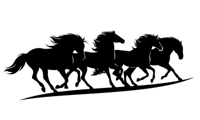 herd of wild mustang horses rushing forward - black vector silhouette outlines of running animals group