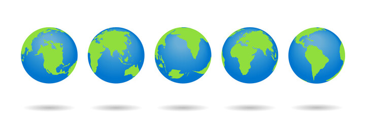 Set of Earth globes. World maps isolated on white background. 3d globus icons. World symbol with blue, green color. Continents and oceans for travel, web, app. Graphic planets. Geography logo. Vector