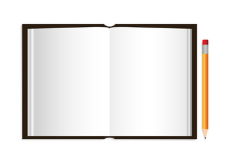 Open book with pencil. Blank diary, catalog, magazine, brochure, booklet with leather cover. Album with hardcover. Frame for encyclopedia or history with shadow. Empty page. Bible in front. Vector