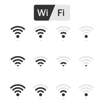 Wireless signal icons. Wi-FI and radio symbols. Network signs. Internet signal waves. Free wifi for devices, phones and computers. Connection antenna of router. Hotspot for communication. Vector