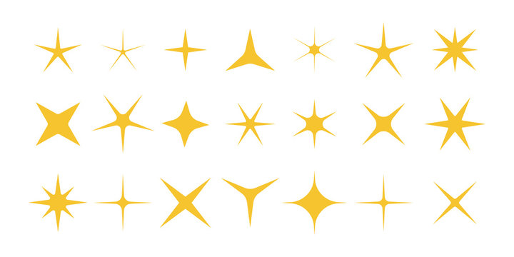 Sparkle of stars. Shiny, twinkle and bright stars. Symbols with magic glitter isolated on white background. Yellow decorative gold icons for holiday and christmas. Starburst glowing. Vector