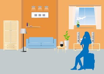 Dreaming about travel concept vector. Silhouette of young woman sitting on suitcase in living room and looking at the departing plane outside the window.
